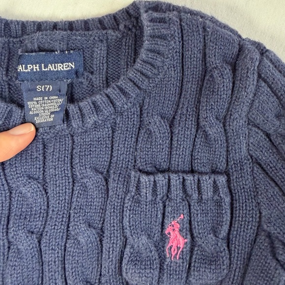 Ralph Lauren girls navy blue cable knit sweater pink pony fits XS or 2T 3T - Picture 2 of 7
